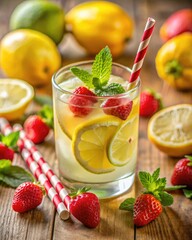 Homemade lemonade with fresh strawberries, lemon and mint on wooden background
