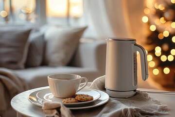Obraz premium Stylish electrical kettle cup and plate with cookie