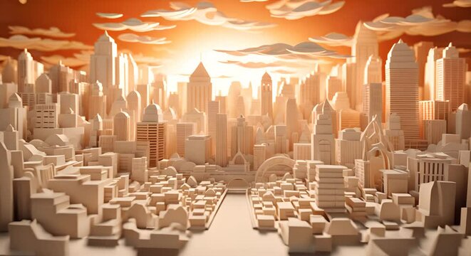 Realistic paper-cut depiction of heat-distorted urban architecture, minimalist 3D design, super blurred cityscape background,