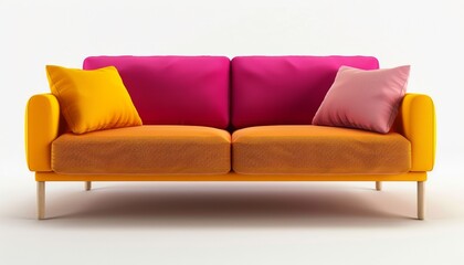 Minimalist 3D sofa rendering in Lemon Verbena, Orange Pop, and Aurora Pink. Isolated on white background for architecture use. Realistic details.