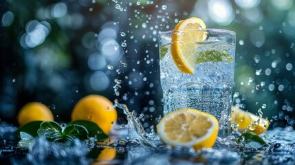 Dynamic image of a glass of sparkling lemon water surrounded by fresh lemons and splashing water droplets, captured with a vibrant bokeh background.