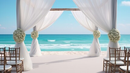 Elegant coastal wedding setup with white flowers and seashells whimsical touch
