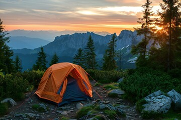 Tent, mountains, sunset, and sunrise, high quality, high resolution