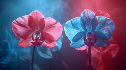  A couple of pink and blue flowers atop a blue-red potted bloom, situated before a red-blue backdrop