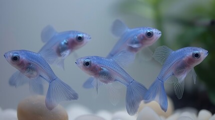  Small blue-pink fish cluster near rocks and plants, backdrop features lush greenery; foreground...