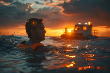 A man in an orange life vest looks on as a rescue boat approaches him in the ocean during a dramatic sunset.