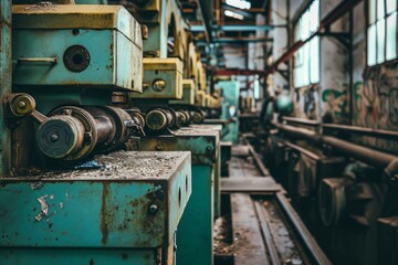 Fototapeta premium Close-up of aged industrial machinery in a manufacturing environment with a blurred background