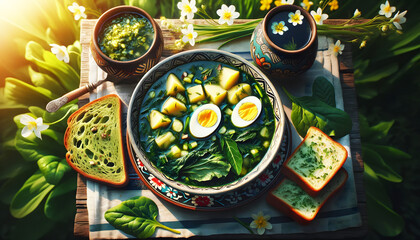 Ukrainian Sorrel Soup in a sunlit garden, served with garlic bread and kvass. Enjoy the tangy flavors of sorrel leaves, potatoes, and a hard-boiled egg in an intricately decorated bowl.