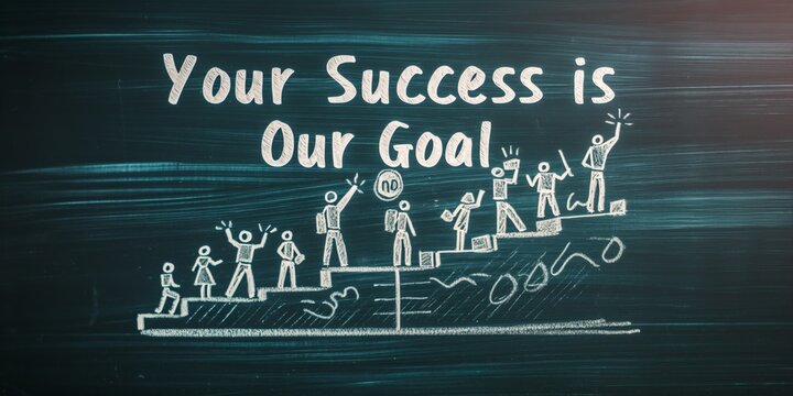 Inspirational quote Your Success is Our Goal with stick figures on a chalkboard