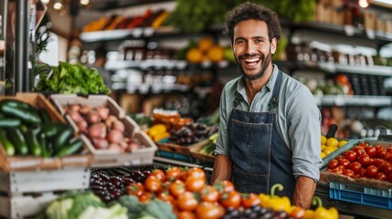 Portrait of a smiling male vendor wearing a denim apron, standing proudly in front of a colorful display of fresh vegetables at a local market.