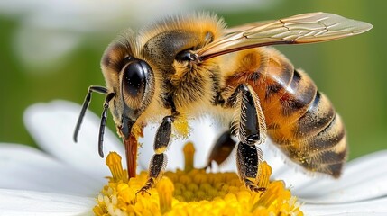 Fototapeta premium Honey bee hovering in flight, busily collecting pollen from colorful and vibrant flower blossoms