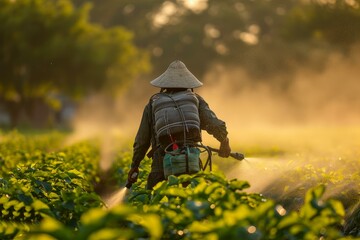 Back view of a worker in a field spraying plants with golden sunlight