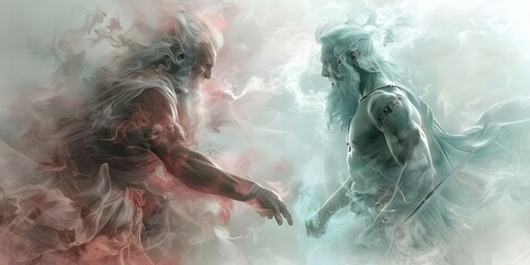 Legendary figures battle fantastical beings in epic tales of ancient mythology. Concept Mythological Heroes, Epic Battles, Ancient Tales, Legendary Creatures, Gods and Monsters