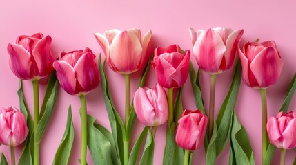  Pink and white tulips against a pink backdrop, green stems in the foreground