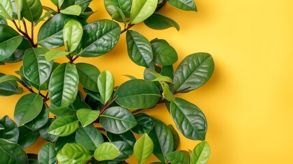  Close-up of a green plant against a yellow backdrop Text space on the left side