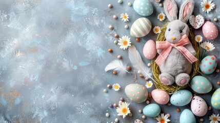  An Easter bunny seated in a nest amongst blue-backdropped eggs and white daisies