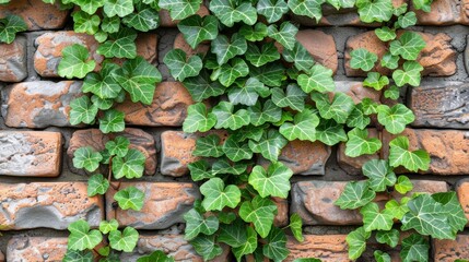  A tight shot of a brick wall showcases a plant emerging from its center, its lush green leaves cascading down the adjacent side