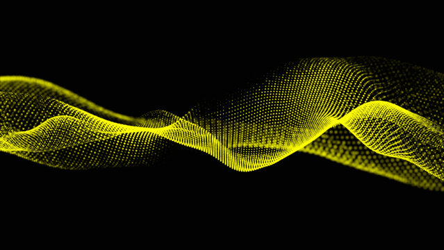 Abstract yellow color dots net particles flowing wave animated pattern halftone gradient curve shape isolated on black background - Powered by Adobe