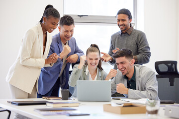 People, boardroom and excited on laptop for online meeting with feedback, report and successful deal. Office, diversity and happy for teamwork or collaboration with business or company growth