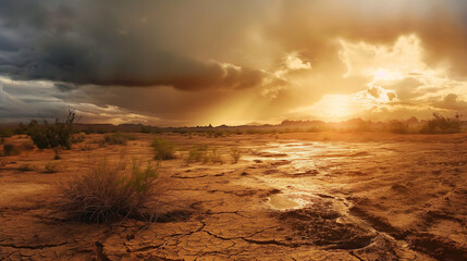 A desert landscape transformed by a rare rainfall, showcasing the resilience of arid environments...