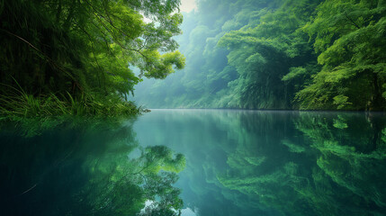 A serene image of a tranquil lake surrounded by verdant foliage, exemplifying the equilibrium of water levels in natural reservoirs. Dynamic and dramatic composition, with copy spa - Powered by Adobe