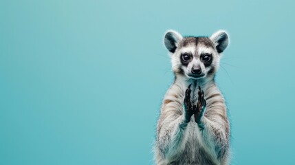 Fototapeta premium Adorable Meerkat with Hands Together in a Plea, Set Against a Tranquil Teal Blue Background, Inspiring Compassion. Funny animal for banner, flyer, poster, card with copy space
