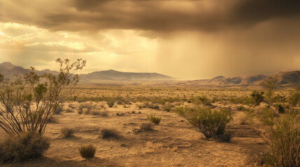 Naklejka premium A desert landscape transformed by a rare rainfall, showcasing the resilience of arid environments in maintaining water balance. Dynamic and dramatic composition, with copy space