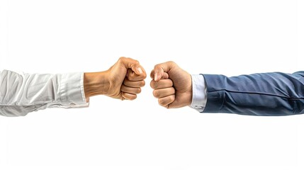 Manager and employee celebrating achievement of performance goals with a fist bump, team success, isolated on white