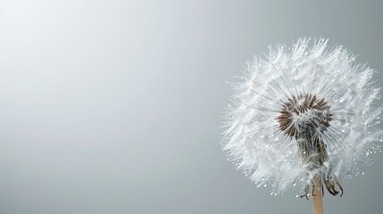 A dandelion floats in wind against a gray-white backdrop, its blurred sky overhead