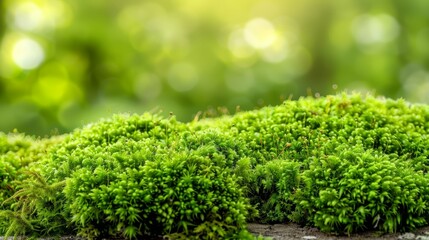  A tight shot of green moss covering a sun-kissed tree trunk, surrounded by trees with softly blurred backgrounds