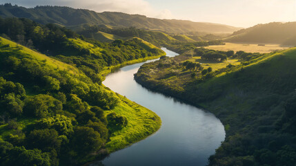 A tranquil river winding through a lush valley, demonstrating the essential role of water circulation in sustaining biodiversity. Dynamic and dramatic composition, with copy space - Powered by Adobe