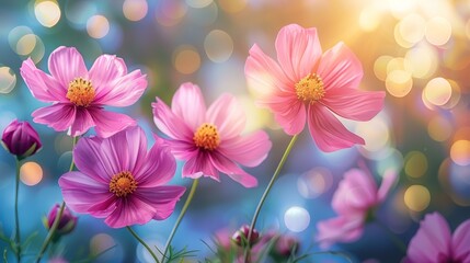  A tight shot of a mass of pink blossoms against a backdrop of soft, out-of-focus light, with an indistinct background