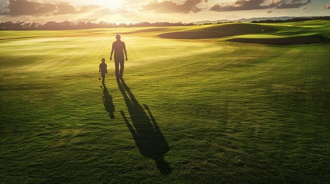 two shadows representing father and son, walking together on a lush golf course.