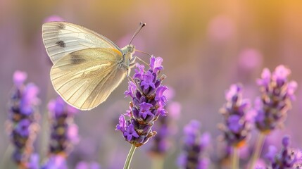  A white butterfly atop a purple flower amidst a field of purple and yellow blooms on a sunlit day - Powered by Adobe
