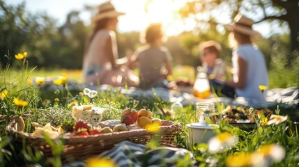 Happy family enjoying a healthy picnic in a sunlit meadow, with a focus on fresh, organic foods