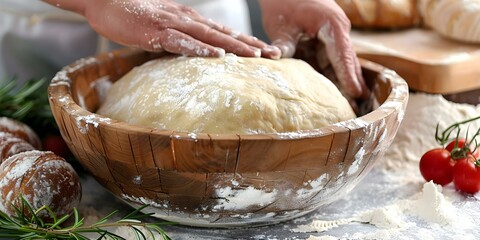 Fototapeta premium Close-up of baker's hands kneading dough in a wooden bowl with flour. Concept Baker, Kneading dough, Hands, Wooden bowl, Flour
