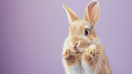 Curious Rabbit Looking Directly at the Camera with Paws Up, Set Against a Purple Background. Funny animal for banner, flyer, poster, card with copy space