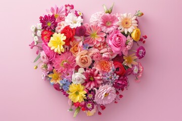 Valentines Day Flower. Heart Shape Surrounded by Fresh and Colorful Flowers on Pastel Pink