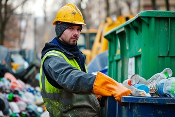 Focused waste management worker sorts materials in a recycling bin outdoors