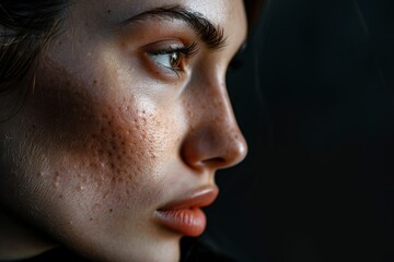 Woman with acne scars on skin against black background