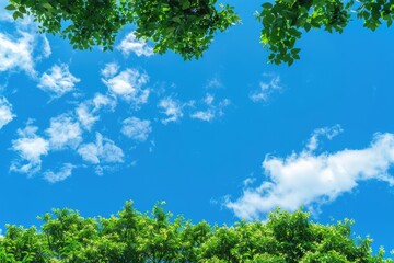 Fototapeta premium Sky Tree. Green Tree Top Line in Summer Landscape with Blue Sky and Clouds