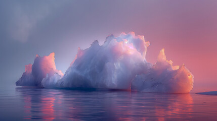 A mesmerizing photograph of melting ice formations illuminated by the soft glow of the midnight...