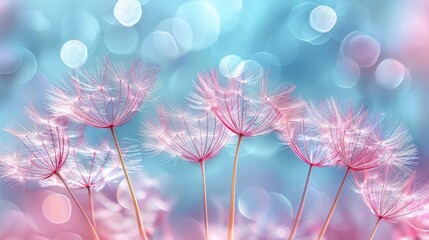  A tight shot of dandelions against a blue and pink backdrop, with a softly blurred background
