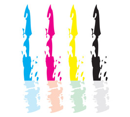 CMYK polygraphy, typography, offset set symbols and colors drop and splash paint in vector. Printing logo and background. Paper, cut marks, color mixing, color wheel gradient, prepress.