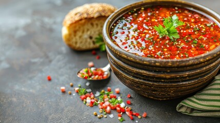  A tight shot of a bowl filled with food on a table A spoon and a slice of bread rest in the background