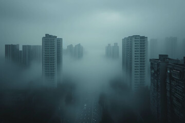 A lone figure walks through a foggy cityscape in the early morning.