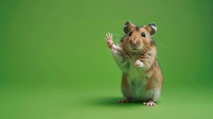 Surprised Hamster with Wide Eyes and Paws Up, Reacting to an Unseen Event on Green Background. Funny animal for banner, flyer, poster, card with copy space