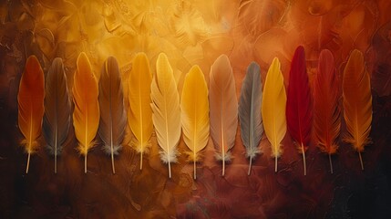 A painting of a row of feathers on a wallpaper with browns, oranges, reds, yellows, and orange hues - Powered by Adobe