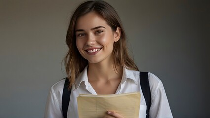 Fototapeta premium Confident 25-Year-Old Film Producer with Papers in Hand, Blushing Smile.