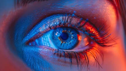  A tight shot of a person's blue eye, reflecting red and blue light in its iris